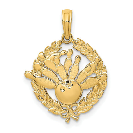 10k Yellow Gold Bowling Pendant with Laurel Wreath and Striking Pins Design