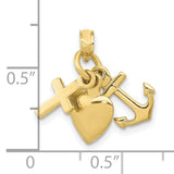 10k Yellow Gold Pendant with Cross Heart and Anchor, Christian Faith Hope Love Charm