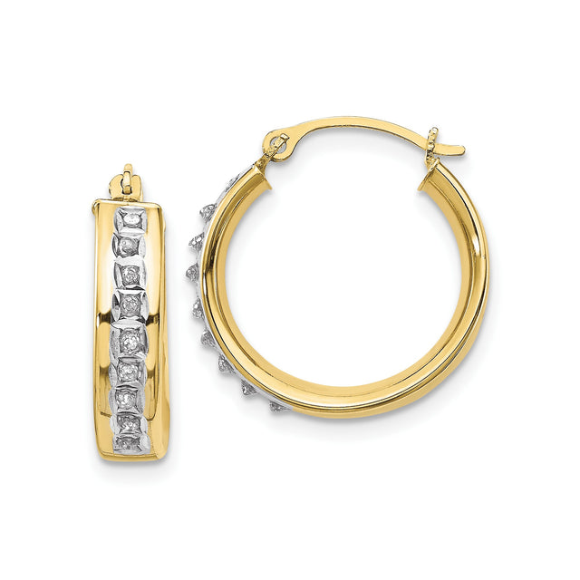 10k Yellow Gold Hoop Earrings with Diamond Accents, Two-Tone Channel Set Design