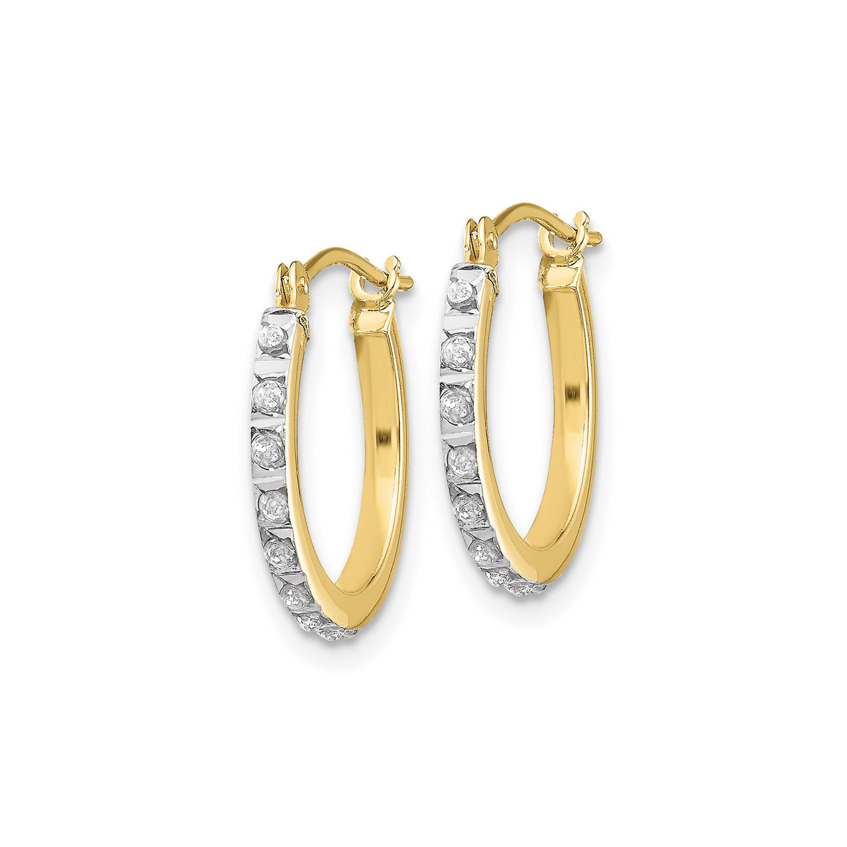 10k Yellow Gold Hoop Earrings with Channel Set Round White Stones, Two-Tone Polished Design