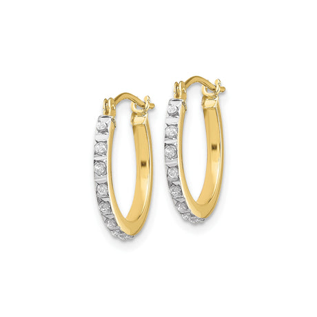 10k Yellow Gold Hoop Earrings with Channel Set Round White Stones, Two-Tone Polished Design