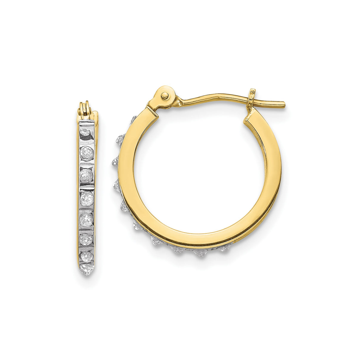 10k Yellow Gold Hoop Earrings with Channel Set Round White Stones, Two-Tone Polished Design