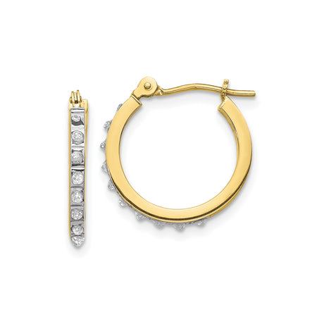 10k Yellow Gold Hoop Earrings with Channel Set Round White Stones, Two-Tone Polished Design