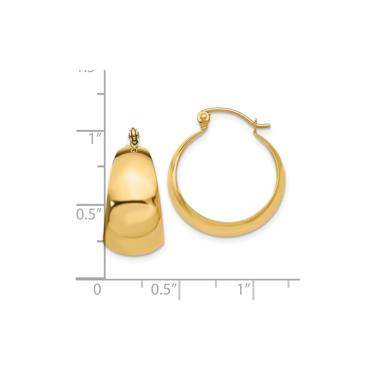 10k Yellow Gold Hoop Earrings, Polished Domed Tapered Design, Medium Size for Women