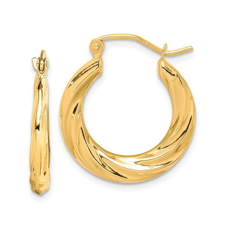 10k Yellow Gold Hoop Earrings, Twisted Polished and Textured Lightweight Design for Women