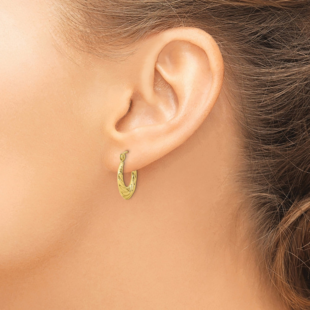 10k Yellow Gold Hoop Earrings with Twisted Polished Swirl and Diamond-Cut Texture