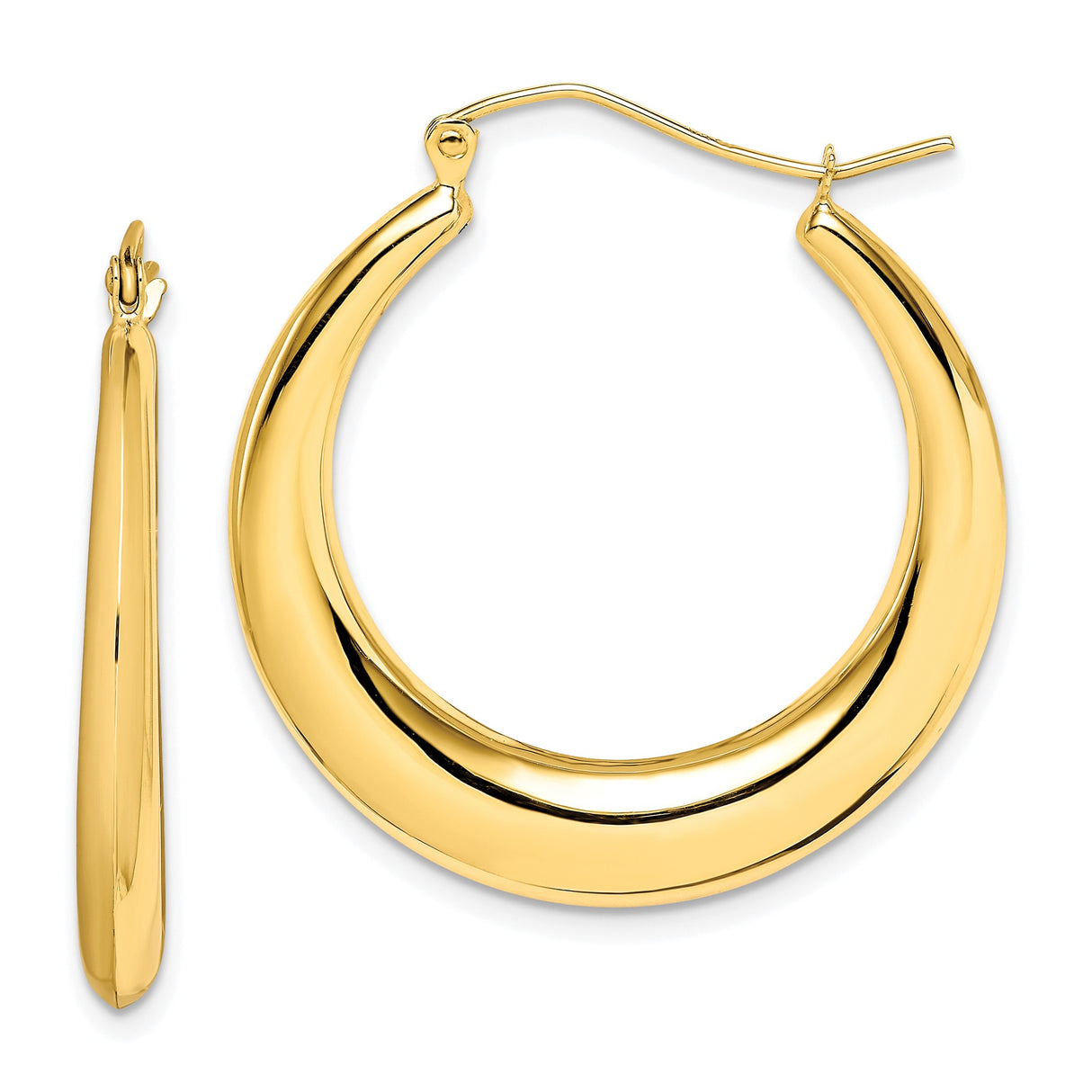 10k Yellow Gold Hoop Earrings, Medium Tapered Hollow Design with Polished Finish