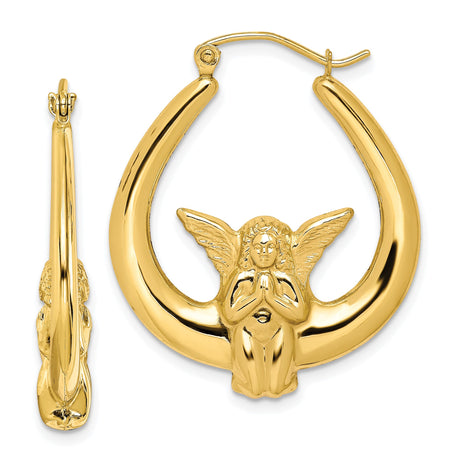 10k Yellow Gold Hoop Earrings with Praying Angel and Wings, Religious Christian Theme