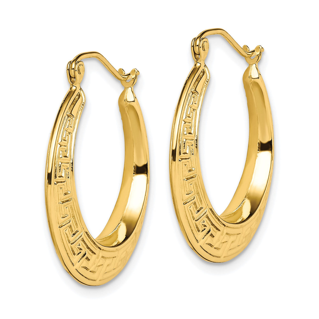 10k Yellow Gold Hoop Earrings with Greek Key Design, Polished Meander Pattern Jewelry
