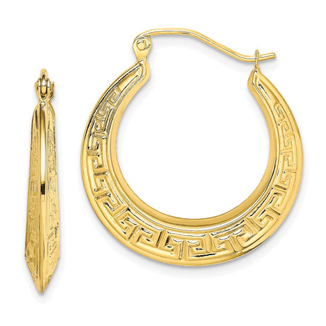 10k Yellow Gold Hoop Earrings with Greek Key Design, Polished Meander Pattern Jewelry