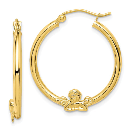 10k Yellow Gold Hoop Earrings with Cherub Angel Design, Christian Spiritual Jewelry for Women