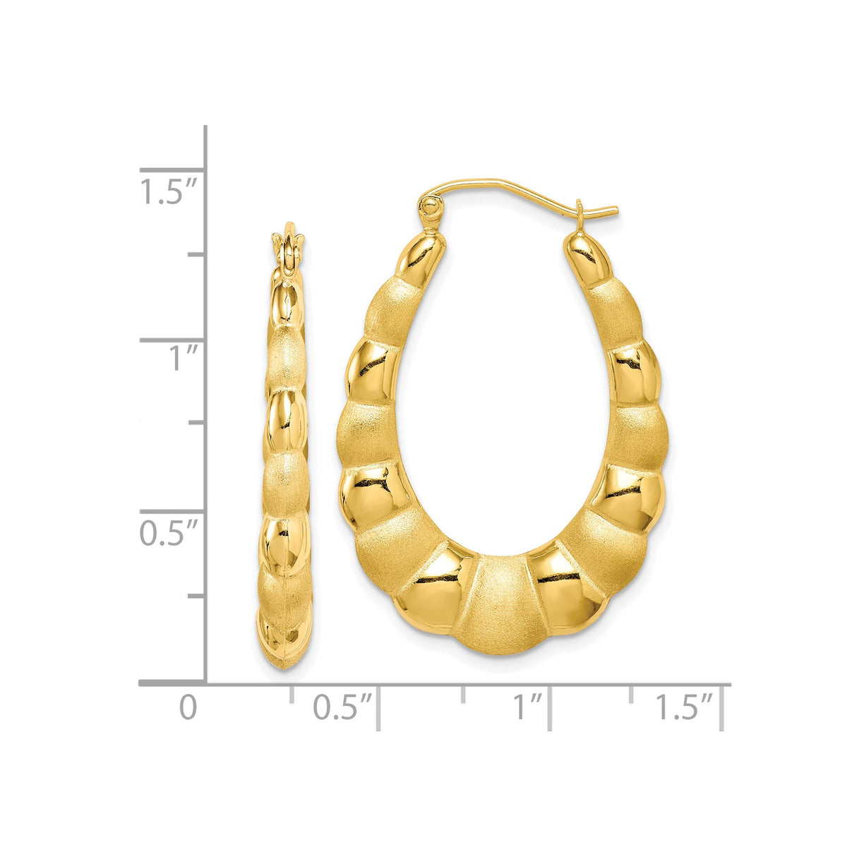 10k Yellow Gold Twisted Hoop Earrings with Scalloped Textured Polished Design for Women