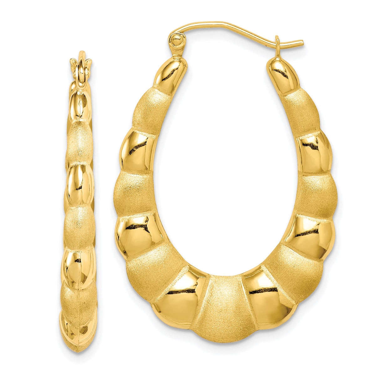 10k Yellow Gold Twisted Hoop Earrings with Scalloped Textured Polished Design for Women