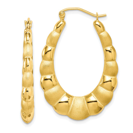 10k Yellow Gold Twisted Hoop Earrings with Scalloped Textured Polished Design for Women