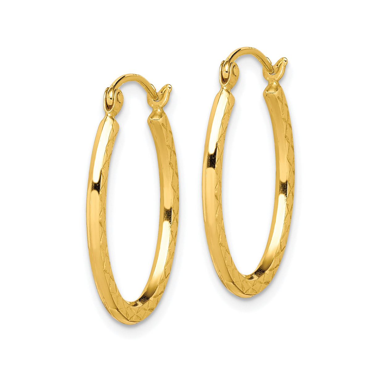 10k Yellow Gold Oval Hoop Earrings with Diamond Cut Pattern, Lightweight Textured Design