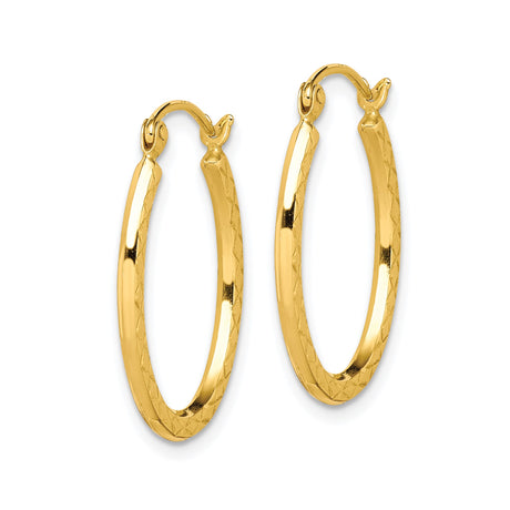 10k Yellow Gold Oval Hoop Earrings with Diamond Cut Pattern, Lightweight Textured Design