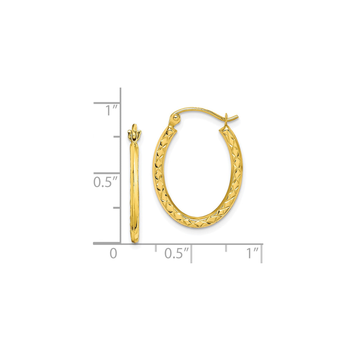 10k Yellow Gold Oval Hoop Earrings with Diamond Cut Pattern, Lightweight Textured Design