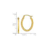 10k Yellow Gold Oval Hoop Earrings with Diamond Cut Pattern, Lightweight Textured Design