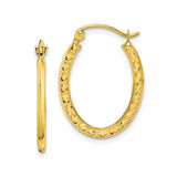 10k Yellow Gold Oval Hoop Earrings with Diamond Cut Pattern, Lightweight Textured Design