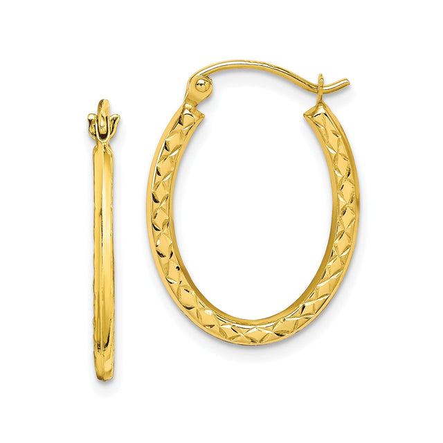 10k Yellow Gold Oval Hoop Earrings with Diamond Cut Pattern, Lightweight Textured Design