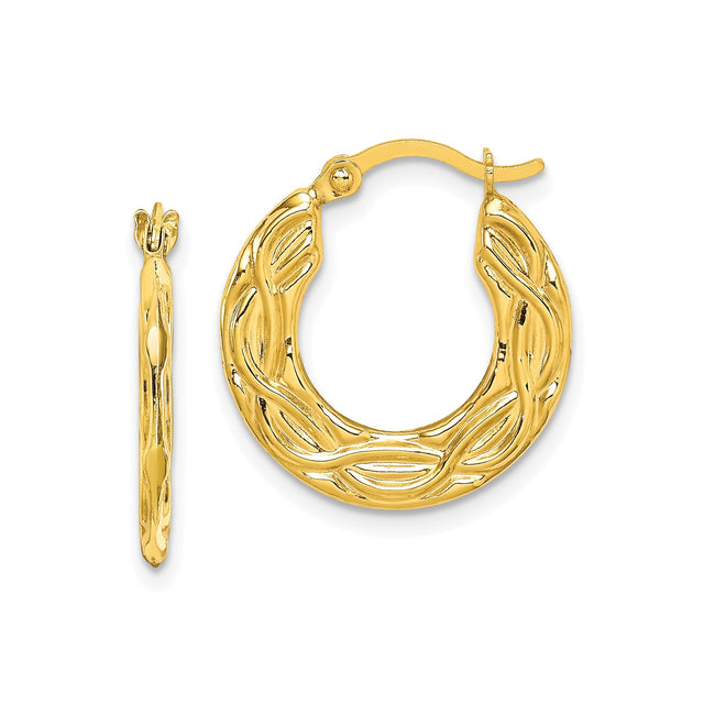 10k Yellow Gold Hoop Earrings with Twisted Leaf Motif, Polished Organic Design