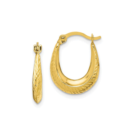 10k Yellow Gold Hoop Earrings with Leaf Pattern and Textured Finish