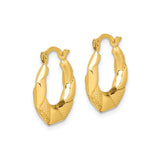 10k Yellow Gold Hoop Earrings, Octagonal Shape with Textured Diamond Cut Finish