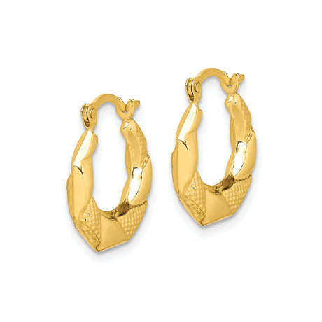 10k Yellow Gold Hoop Earrings, Octagonal Shape with Textured Diamond Cut Finish