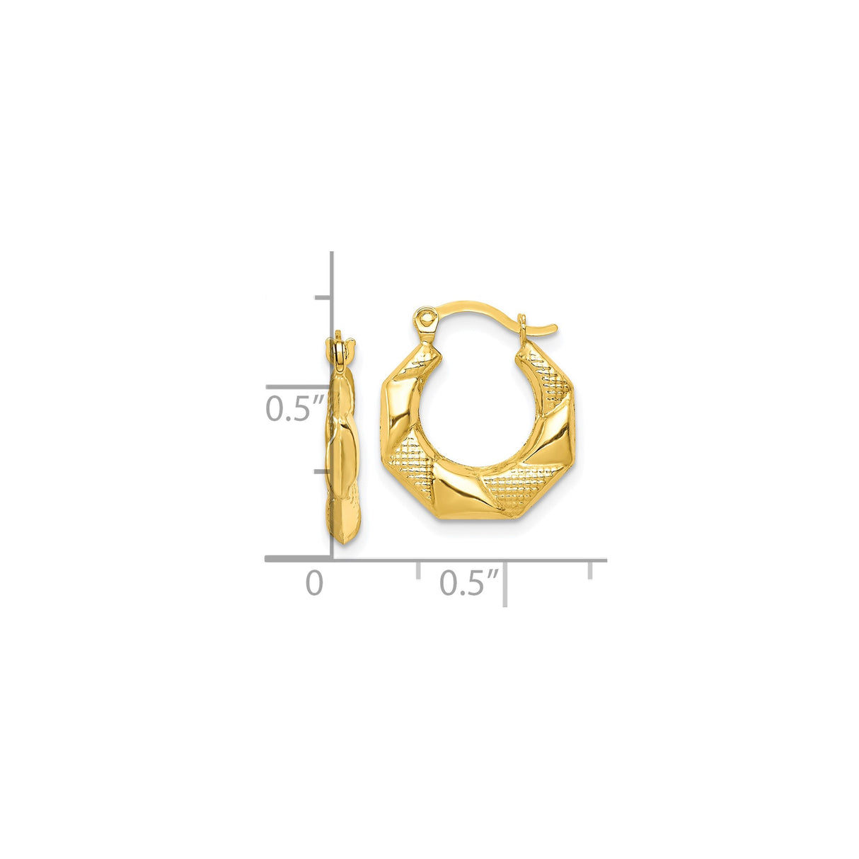 10k Yellow Gold Hoop Earrings, Octagonal Shape with Textured Diamond Cut Finish