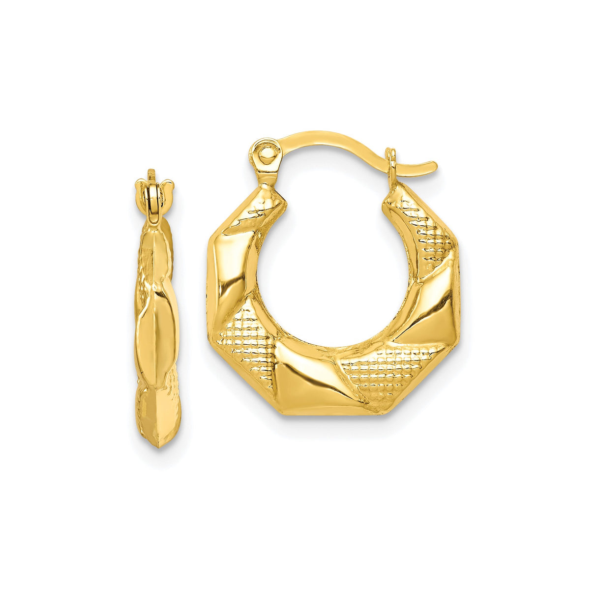 10k Yellow Gold Hoop Earrings, Octagonal Shape with Textured Diamond Cut Finish