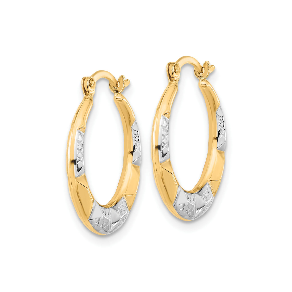 10k Yellow Gold Hoop Earrings with Rhodium Diamond-Cut Accents, Textured Geometric Design