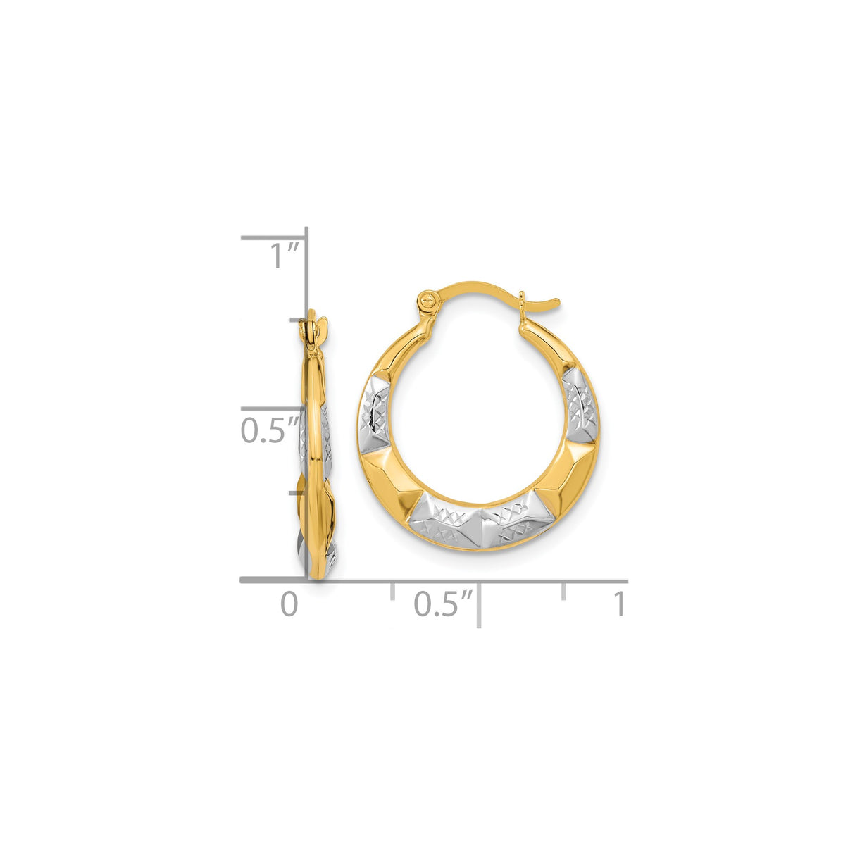 10k Yellow Gold Hoop Earrings with Rhodium Diamond-Cut Accents, Textured Geometric Design