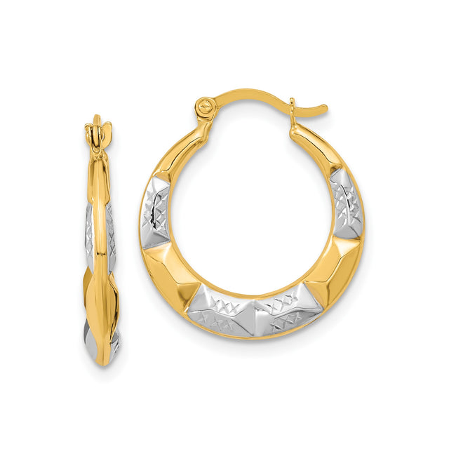 10k Yellow Gold Hoop Earrings with Rhodium Diamond-Cut Accents, Textured Geometric Design
