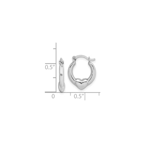 10k White Gold Heart Hoop Earrings with Hinged Clasp, Polished Finish for Women