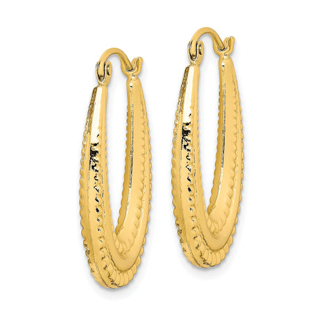 10k Yellow Gold Oval Hoop Earrings, Textured Beaded Double Layered Design for Women