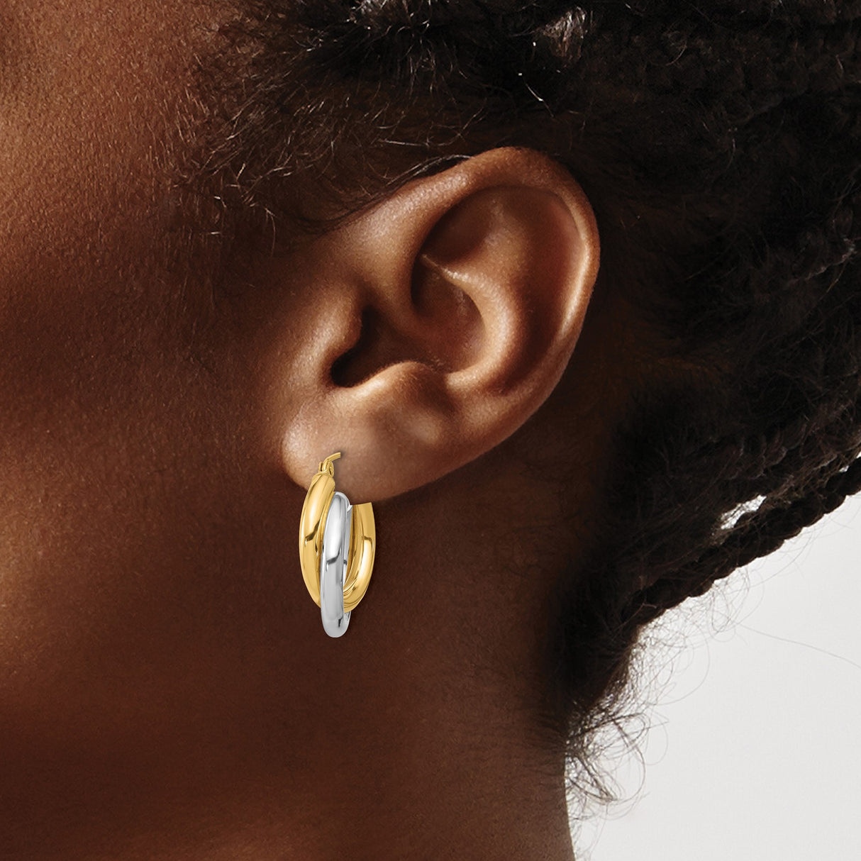 10k Yellow Gold Hoop Earrings, Two-Tone Interlocking Twisted Design for Women