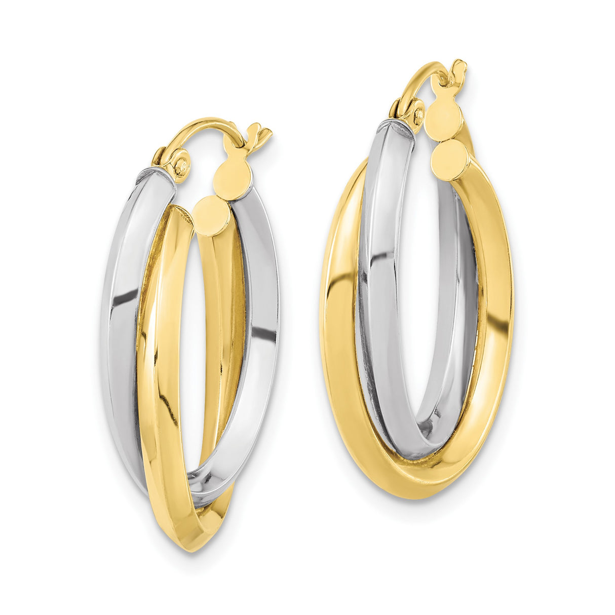 10k Yellow Gold Hoop Earrings, Two-Tone Twisted Oval Design, Polished Lightweight Style