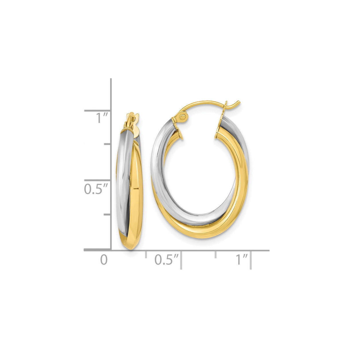 10k Yellow Gold Hoop Earrings, Two-Tone Twisted Oval Design, Polished Lightweight Style