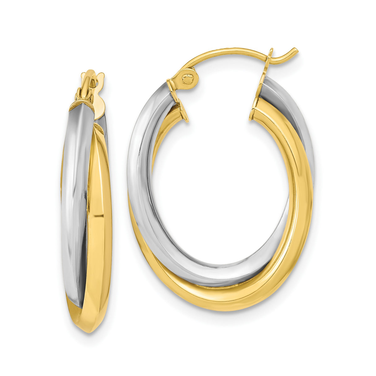 10k Yellow Gold Hoop Earrings, Two-Tone Twisted Oval Design, Polished Lightweight Style