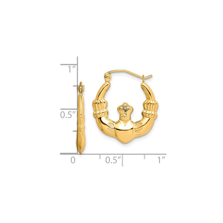 10k Yellow Gold Claddagh Hoop Earrings, Irish Heart Crown Hands Design, Celtic Jewelry for Women