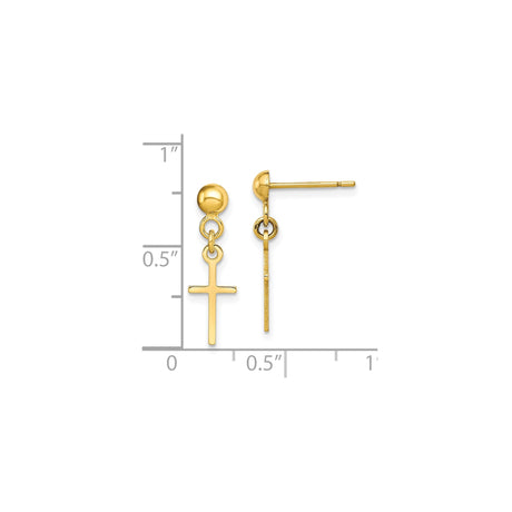 10k Yellow Gold Cross Dangle Earrings, Polished Religious Design, Unisex Spiritual Jewelry