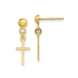 10k Yellow Gold Cross Dangle Earrings, Polished Religious Design, Unisex Spiritual Jewelry
