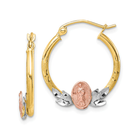 10k Tri-Color Gold Our Lady of Guadalupe Hoop Earrings for Women with Virgin Mary Image in Rose Gold, White and Yellow Accents, Catholic Religious Jewelry, Faith Symbol Spiritual Fashion Hoops