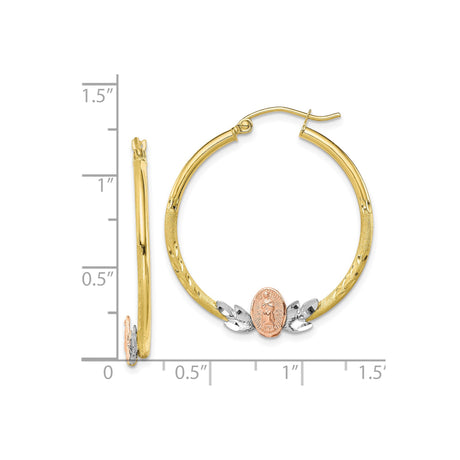 10K Tri Color Gold Hoop Earrings With Virgin Mary Medallion
