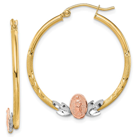 10k Tri-Color Hoop Earrings for Women with Virgin Mary Medallion in Yellow, White and Rose Gold - Catholic Faith Jewelry, Spiritual Devotion Hoops, Religious Christian Earrings