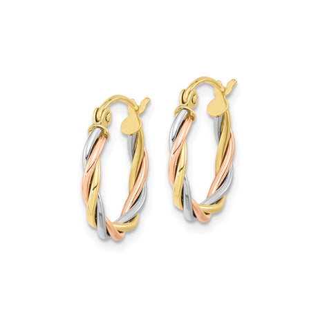 10k Tri-Color Gold Hoop Earrings, Twisted Intertwined Design, Lightweight for Women