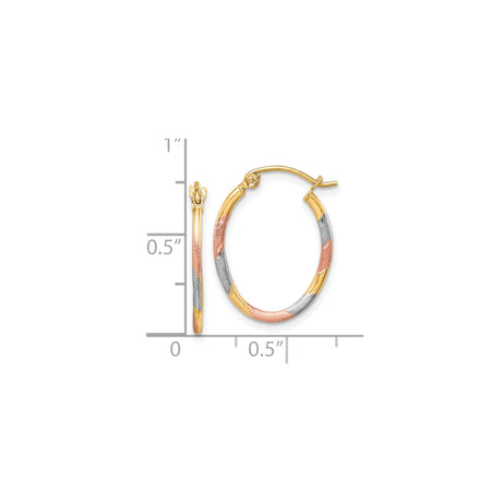 10k Yellow Gold Hoop Earrings, Tricolor Twisted Design with Rhodium and Rose Gold Accents