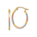 10k Yellow Gold Hoop Earrings, Tricolor Twisted Design with Rhodium and Rose Gold Accents