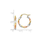 10k Yellow Gold Twist Hoop Earrings, Tri-Color Braided Design with Rhodium and Rose Accents