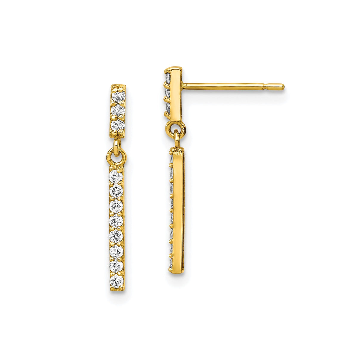10k Yellow Gold Drop Bar Earrings with Vertical Round Accents, Modern Minimalist Dangle Design